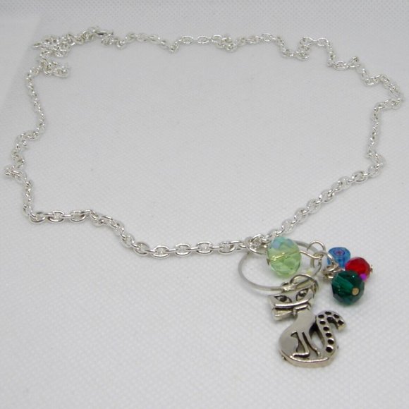 Handcrafted Silver Color Chain Cat Necklace AB Glass & Millefiori Glass Beads - Picture 2 of 11